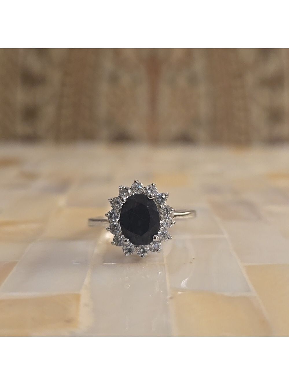 Silver Tone Black Gemstone Statement Cocktail Ring Sparkle Size 8.25